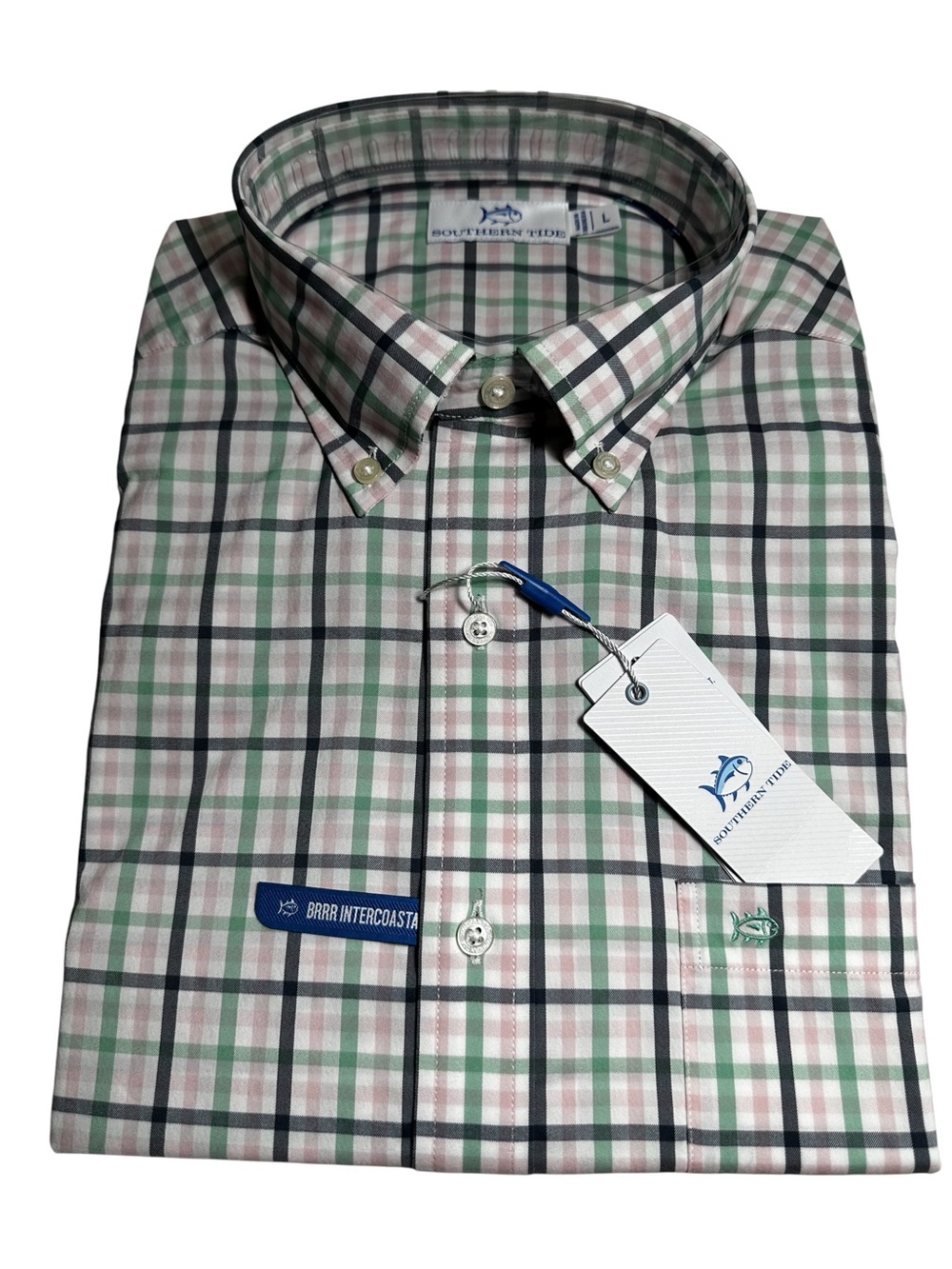 Southern Tide Men's Green and Navy Plaid Button-Down Shirt